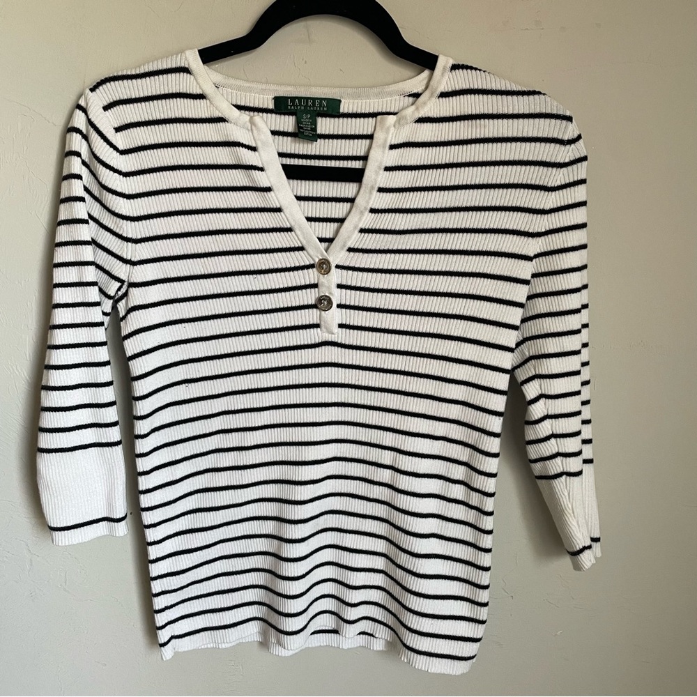 Ralph Lauren White and Black Striped Ribbed Henley Minimalist 90’s vibe